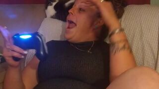 Sexy Step Mom Secretary Upskirt Teasing Spreading Legs Wide and Smoking While Playing Video Games