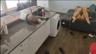 Fucking maid dressing an apron with anal plug