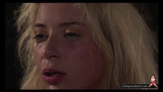 Beautiful blonde gets hard pussy fucked with fuck machine during bondage sex