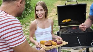Cute Maya takes two big cocks during hot summer BBQ