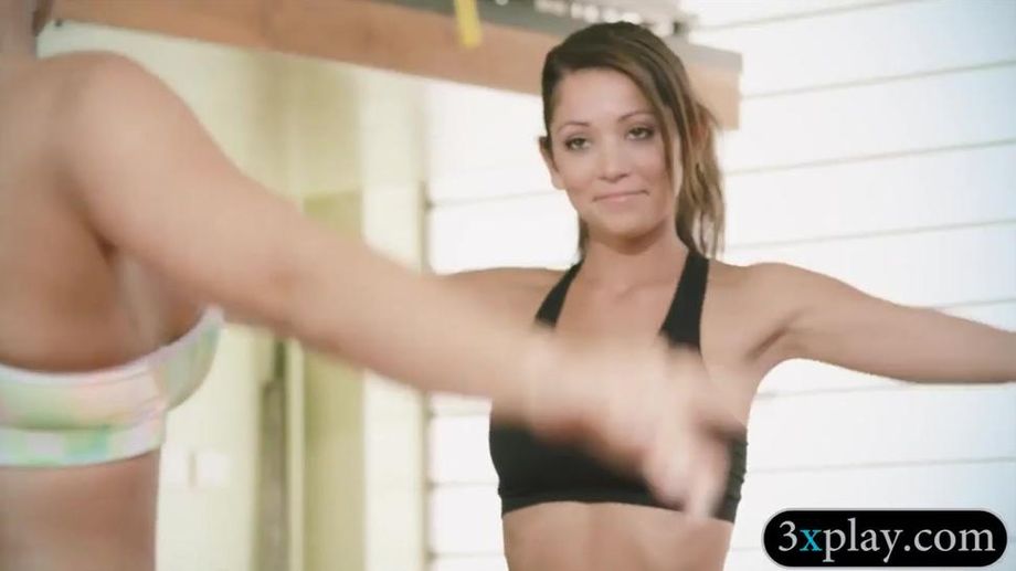 Two babes learned new yoga techniques by busty trainer