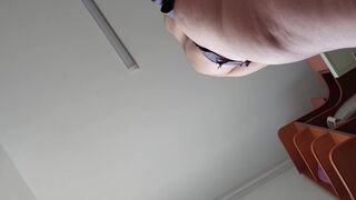 Amateur hairy brunette, big tits, sensual hairy woman in the kitchen.
